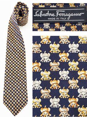 Salvatore Ferragamo Mens Puppy Dogs Puppies Navy 100% Silk Neck  Tie Made Italy